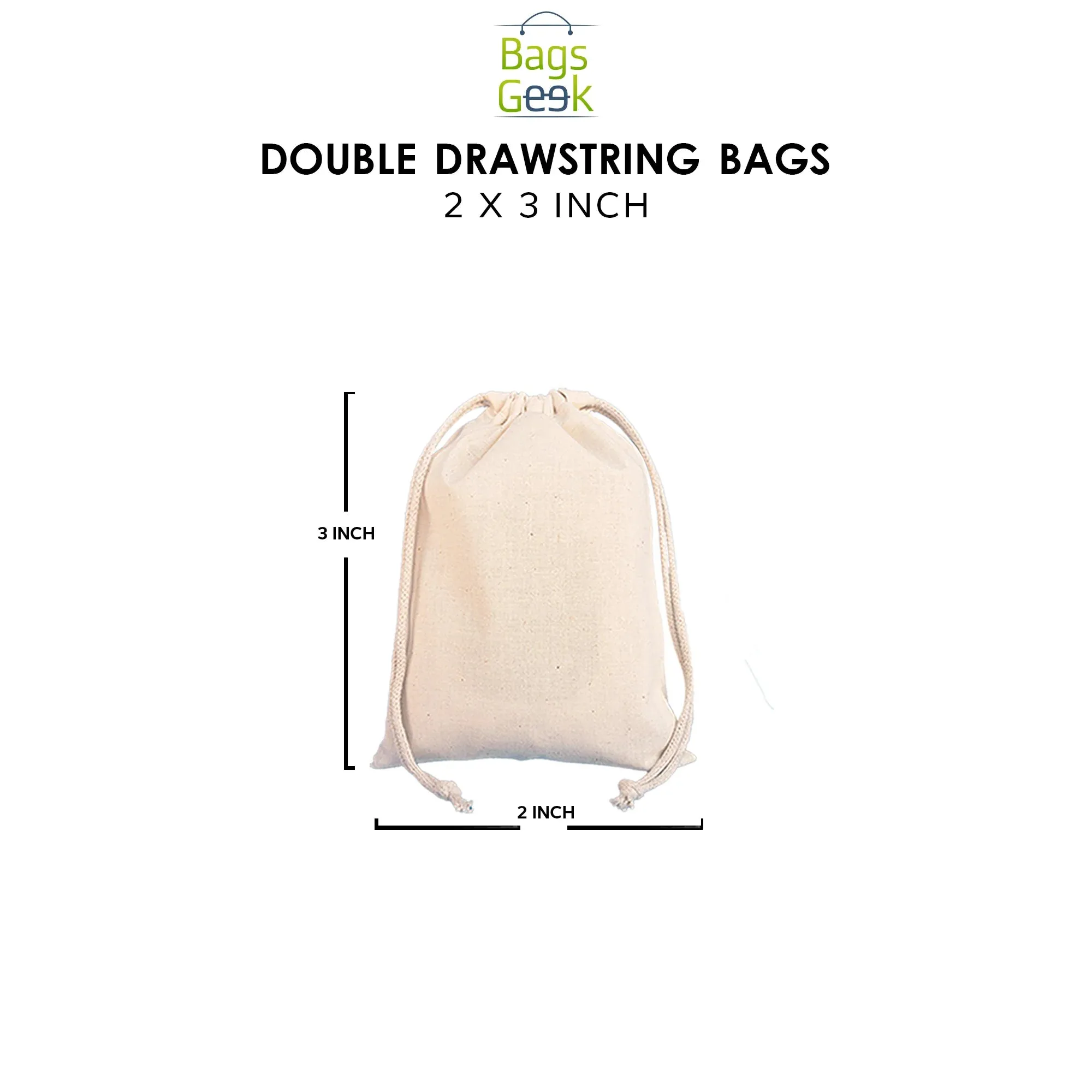 2x3 inch Cotton Reusable Double Drawstring Bags