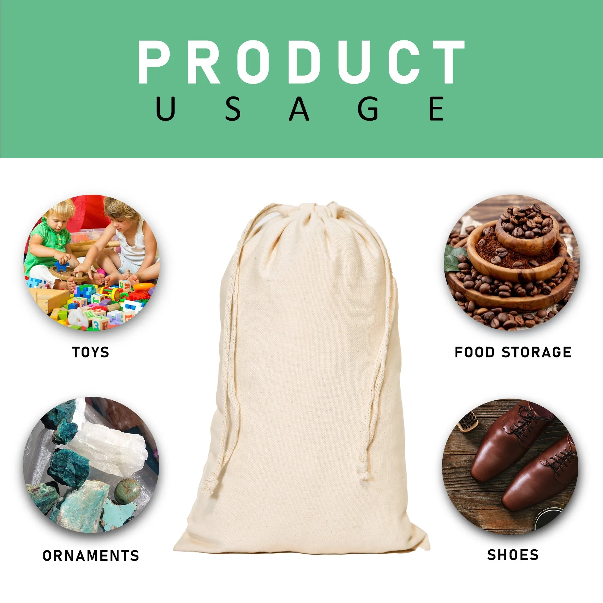 2x3 inch Cotton Reusable Double Drawstring Bags