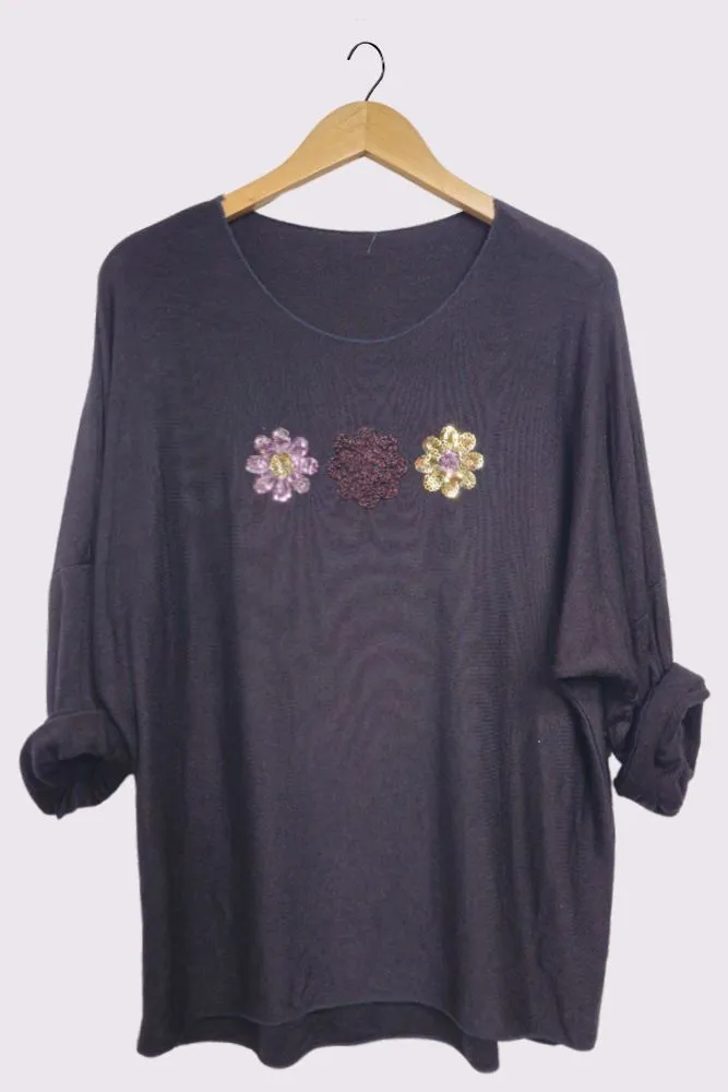 3 Flower Sequin Embroidered Detailing Slight Diphem Top