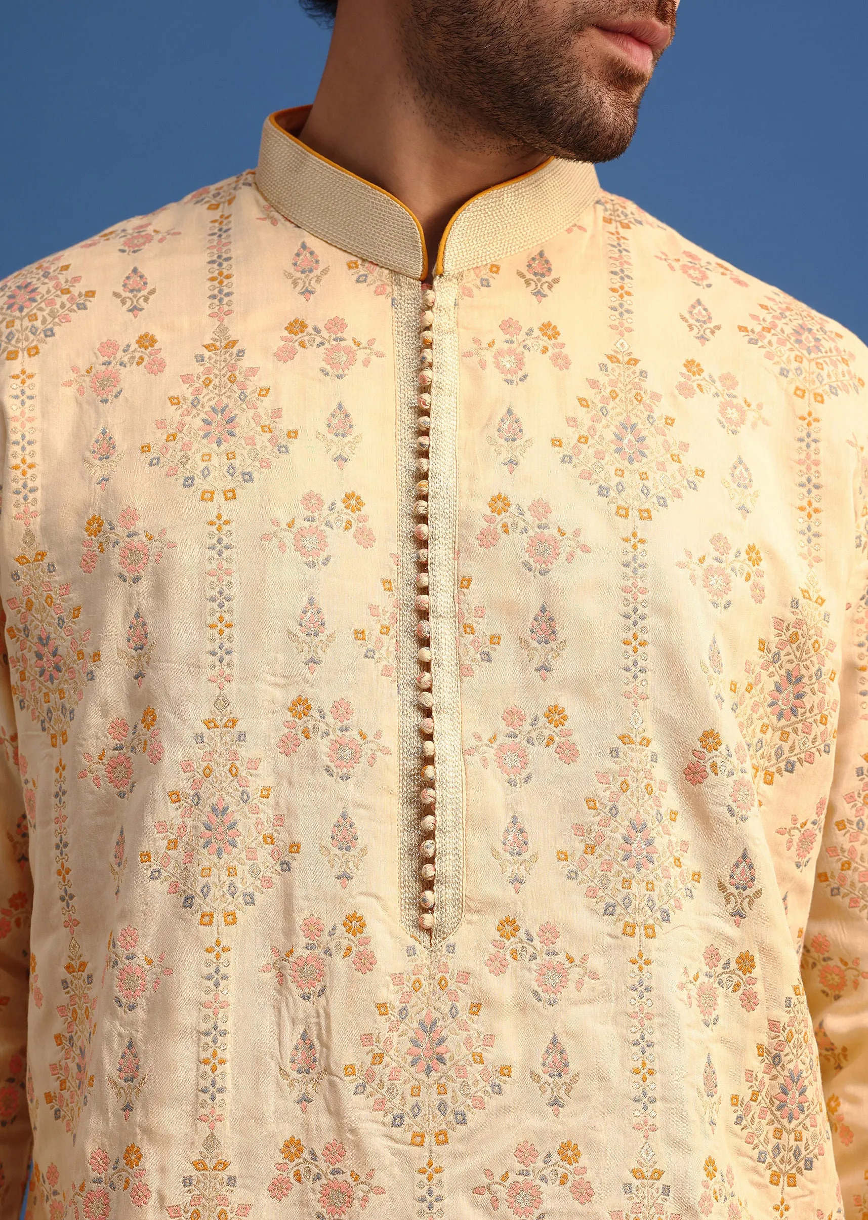 Beige Brocade Printed Kurta Set