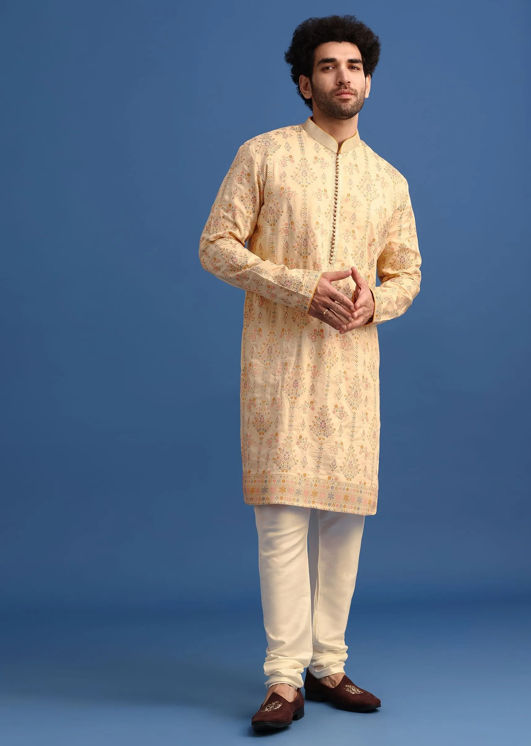 Beige Brocade Printed Kurta Set