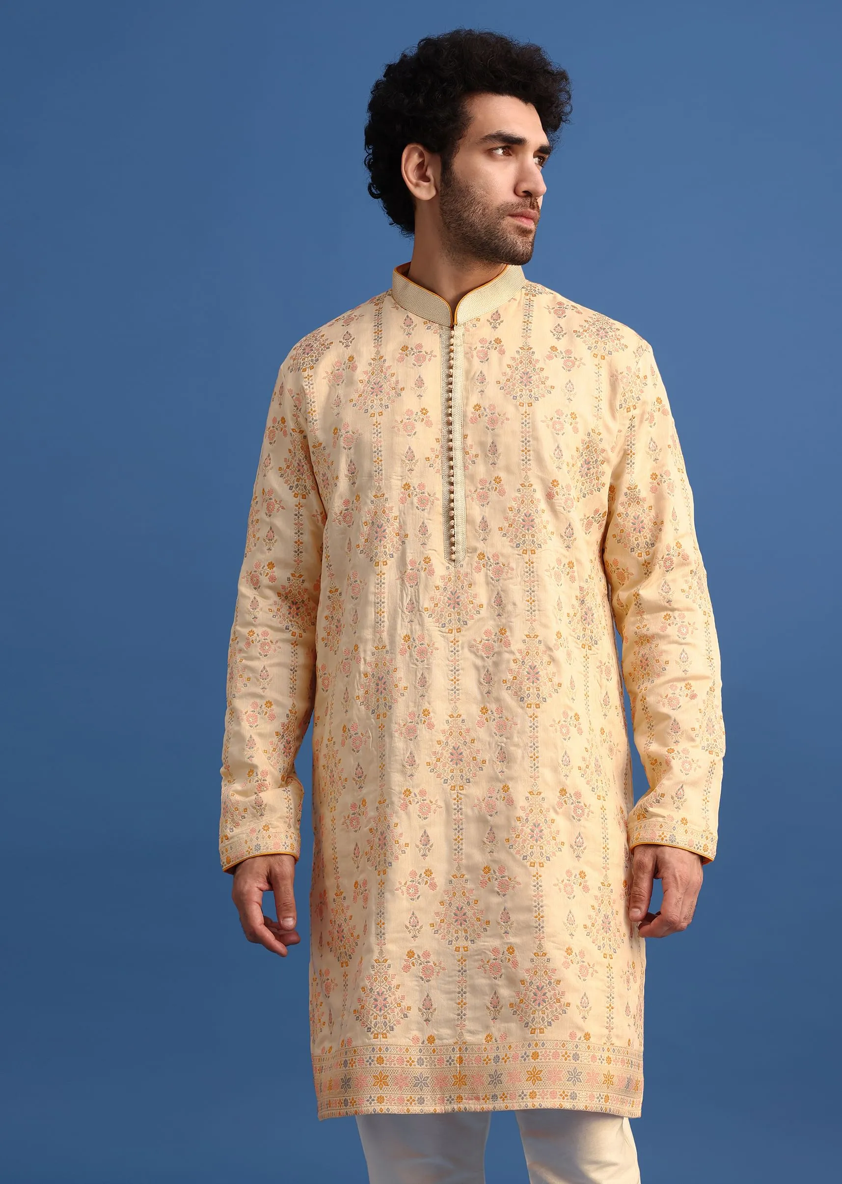 Beige Brocade Printed Kurta Set
