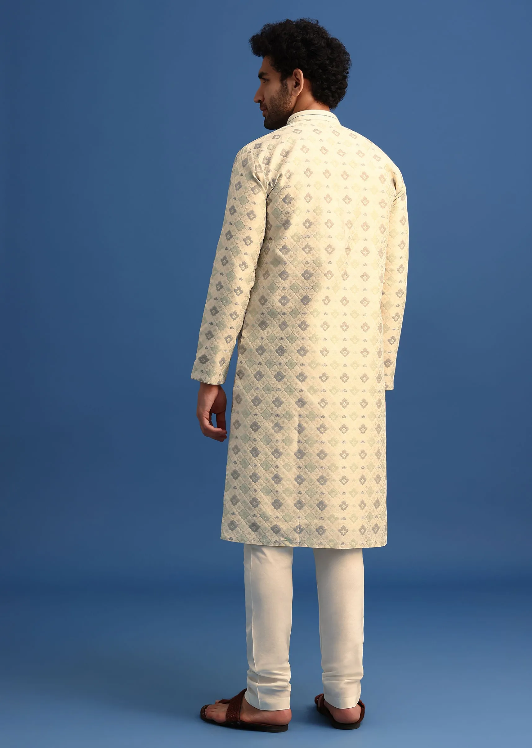 Beige Foil Print Kurta Set