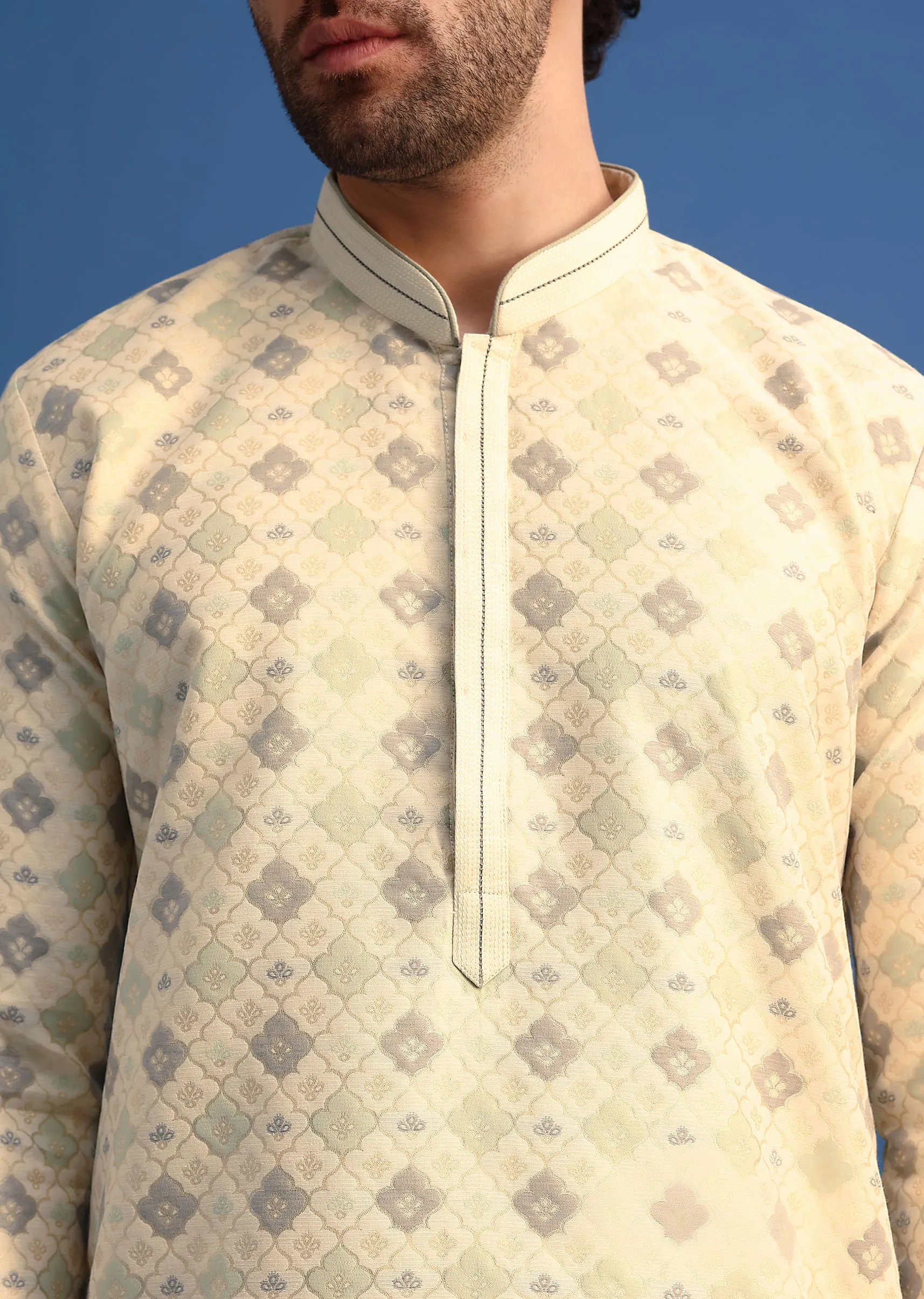 Beige Foil Print Kurta Set