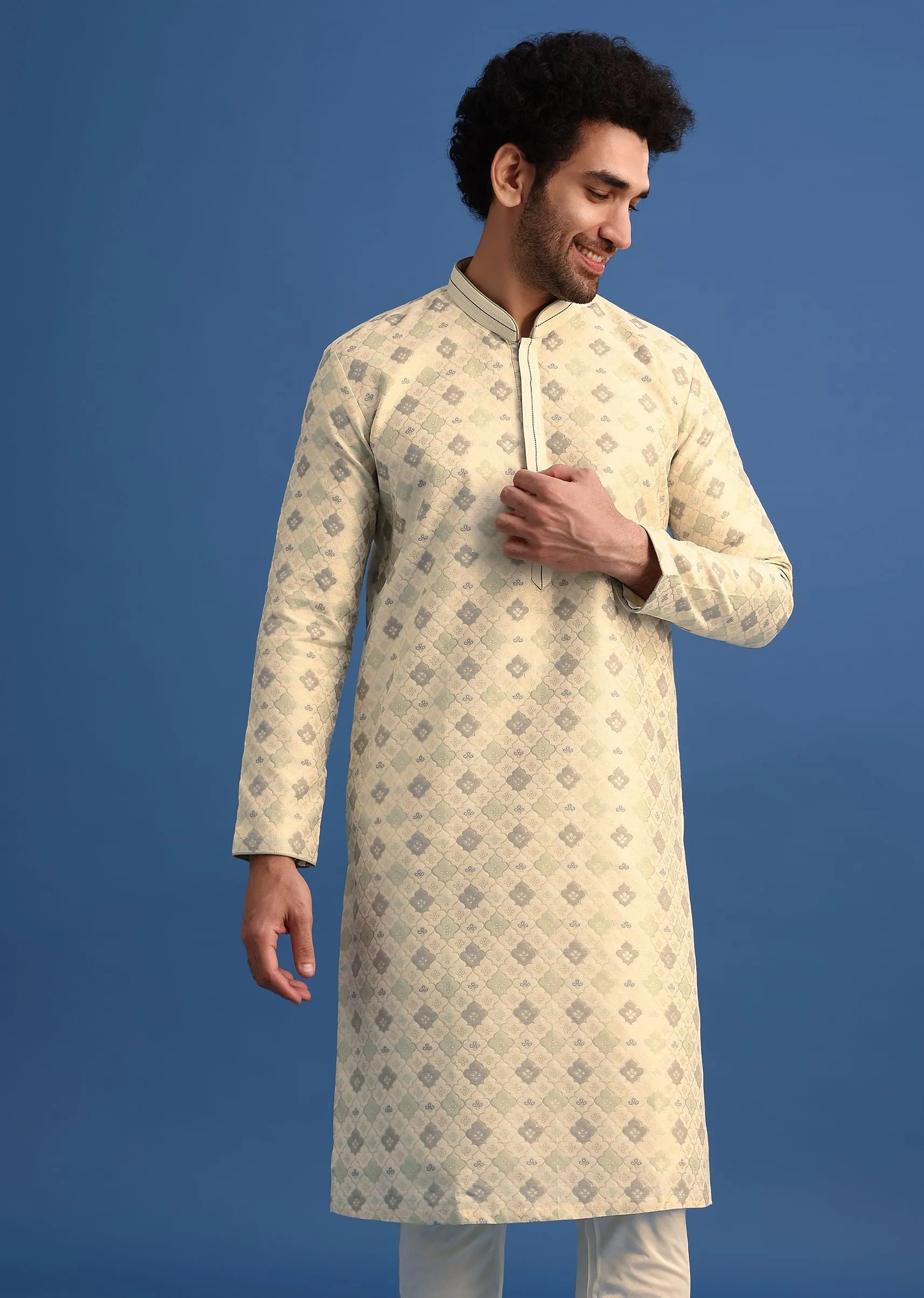 Beige Foil Print Kurta Set