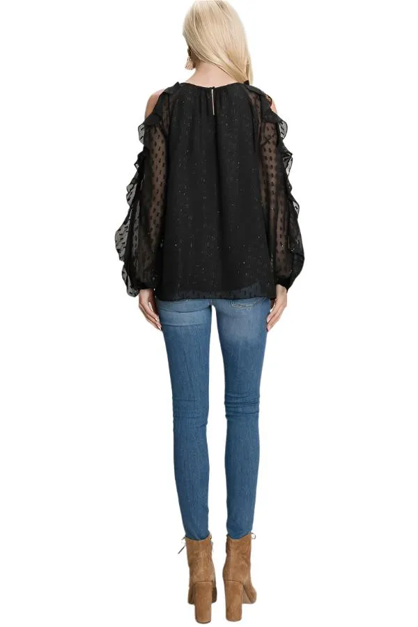 Black & Gold Jacquard Cold Shoulder Ruffle Sleeve Top