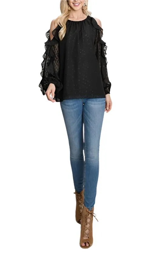 Black & Gold Jacquard Cold Shoulder Ruffle Sleeve Top