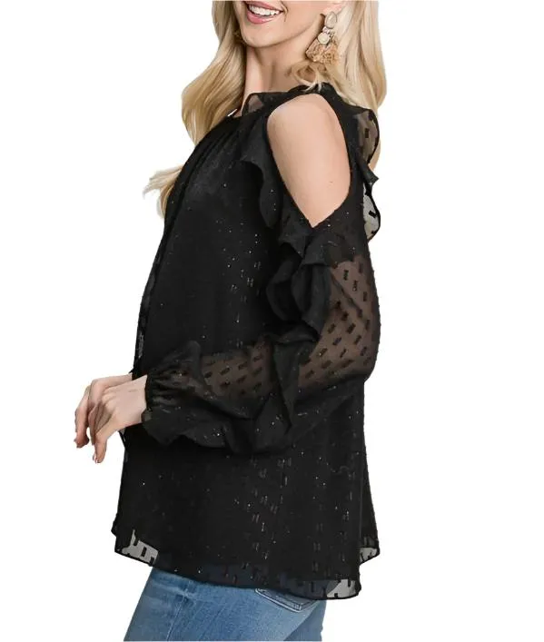 Black & Gold Jacquard Cold Shoulder Ruffle Sleeve Top