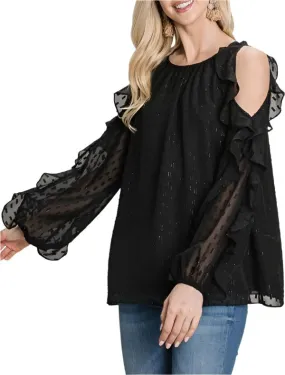 Black & Gold Jacquard Cold Shoulder Ruffle Sleeve Top