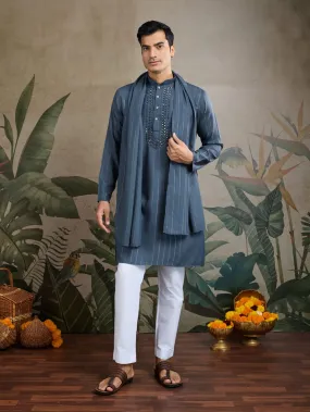Blue Grey Pure Viscose Reyon Silk Real Mirror Work Kurta Dupatta