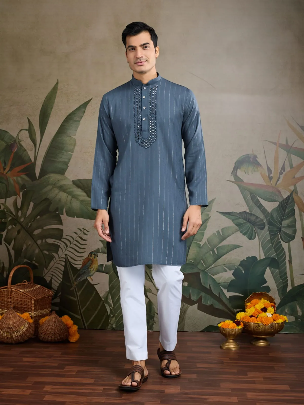 Blue Grey Pure Viscose Reyon Silk Real Mirror Work Kurta Dupatta
