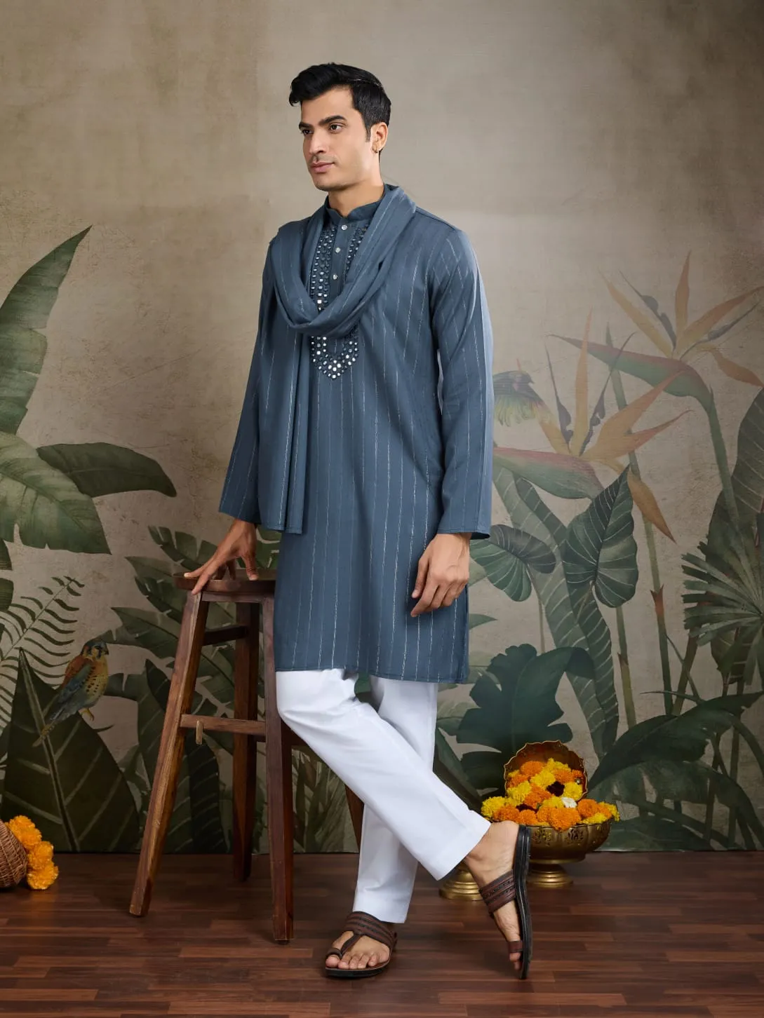 Blue Grey Pure Viscose Reyon Silk Real Mirror Work Kurta Dupatta