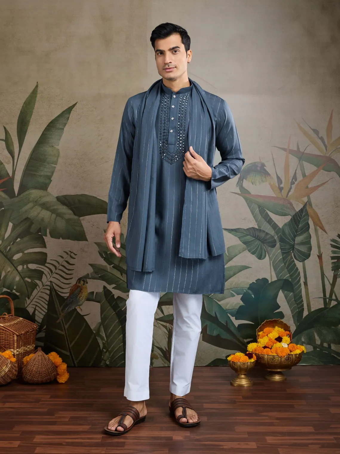 Blue Grey Pure Viscose Reyon Silk Real Mirror Work Kurta Dupatta