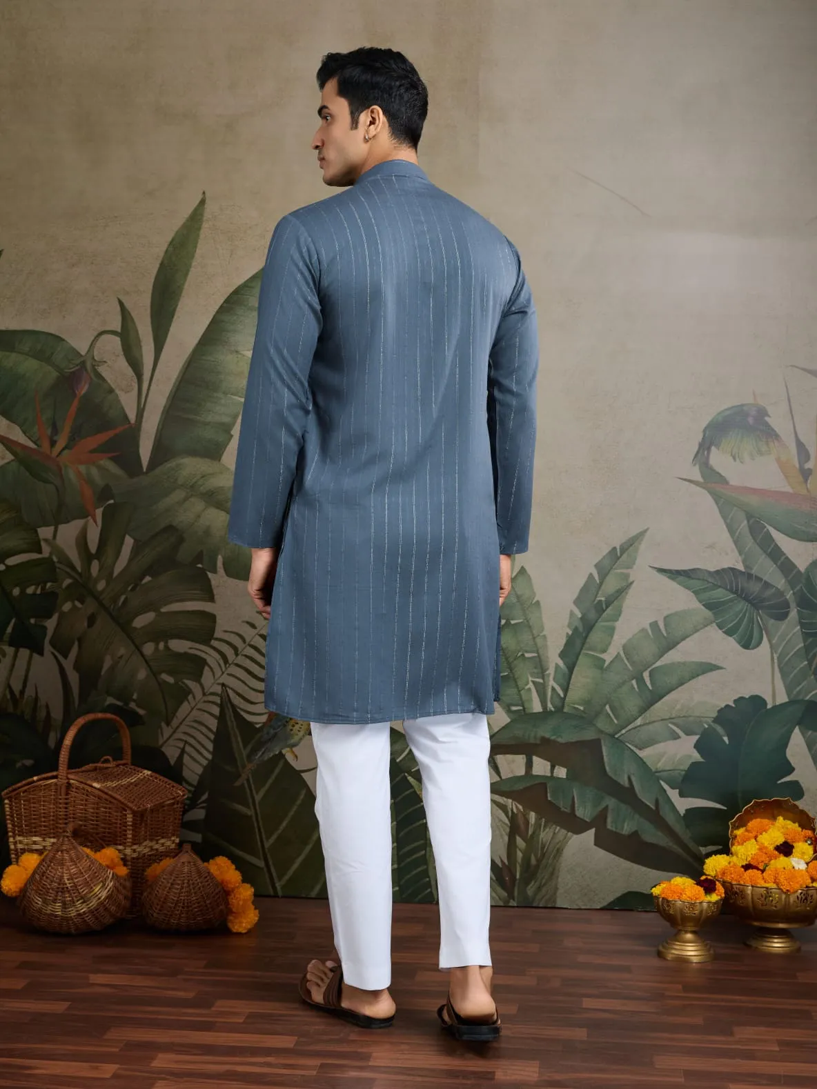 Blue Grey Pure Viscose Reyon Silk Real Mirror Work Kurta Dupatta