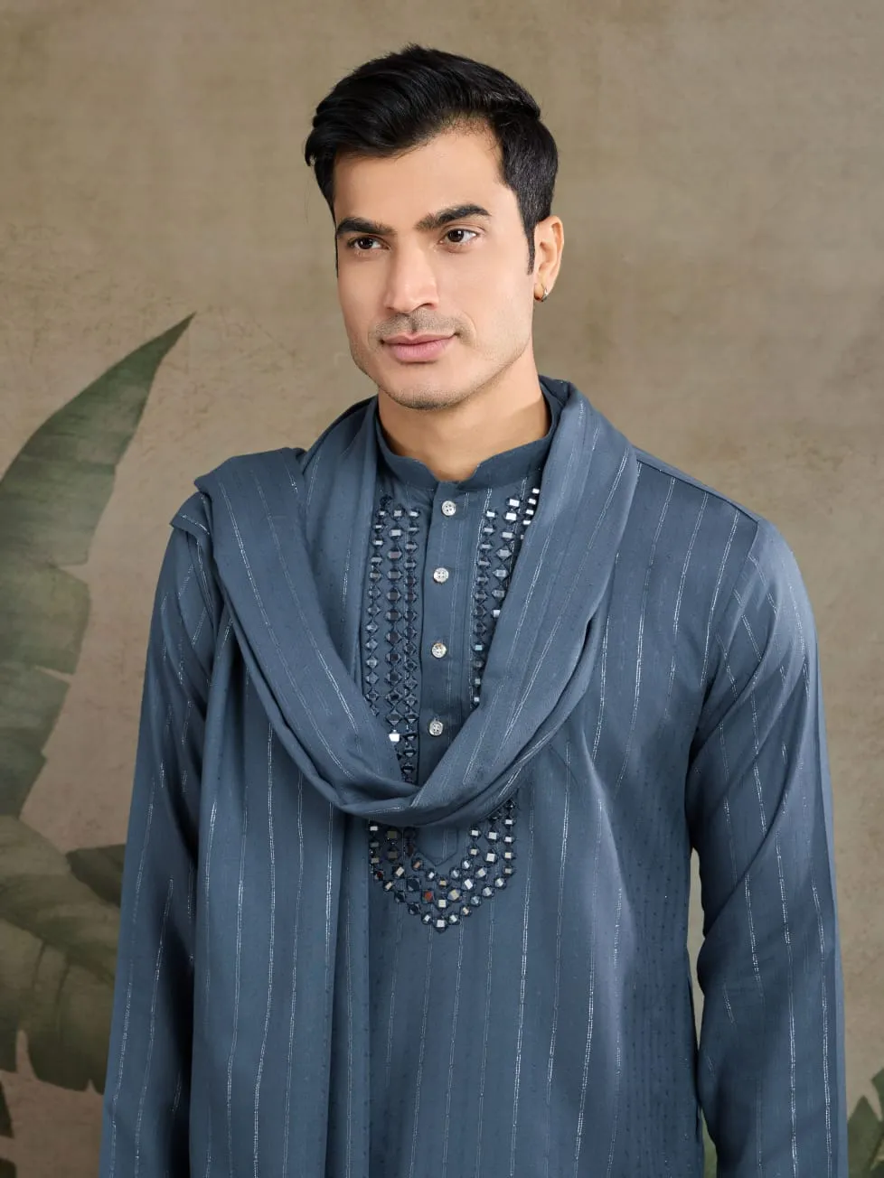 Blue Grey Pure Viscose Reyon Silk Real Mirror Work Kurta Dupatta