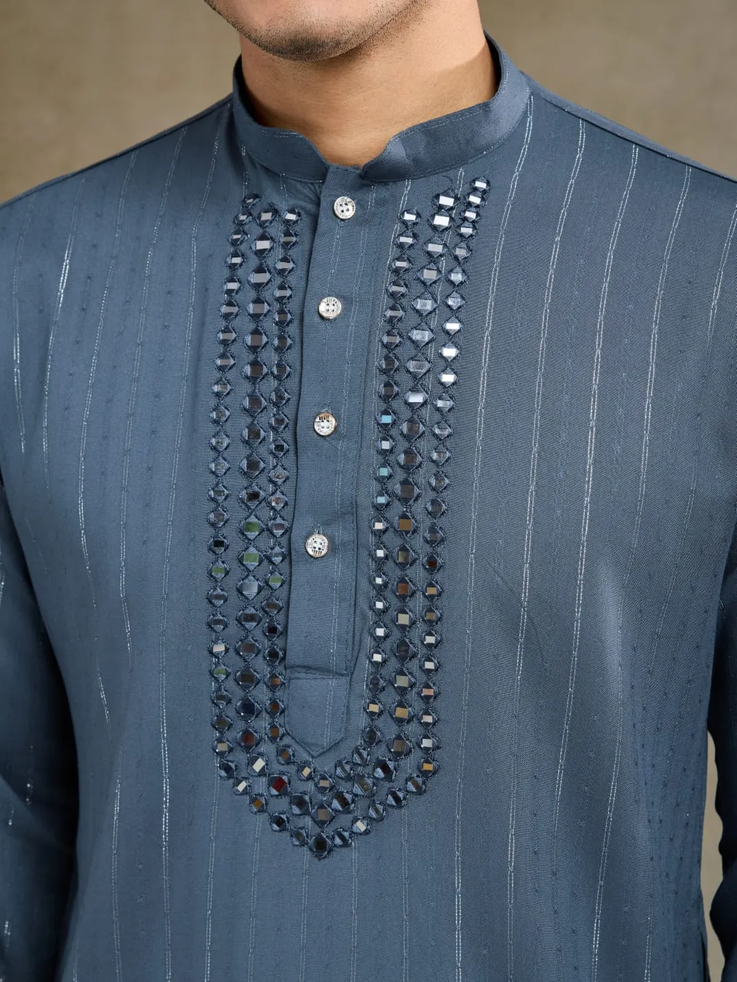 Blue Grey Pure Viscose Reyon Silk Real Mirror Work Kurta Dupatta