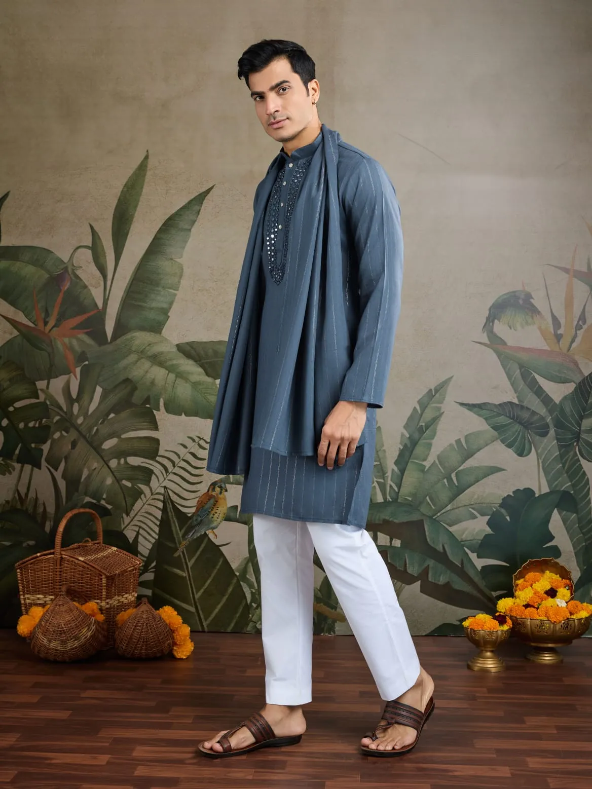 Blue Grey Pure Viscose Reyon Silk Real Mirror Work Kurta Dupatta