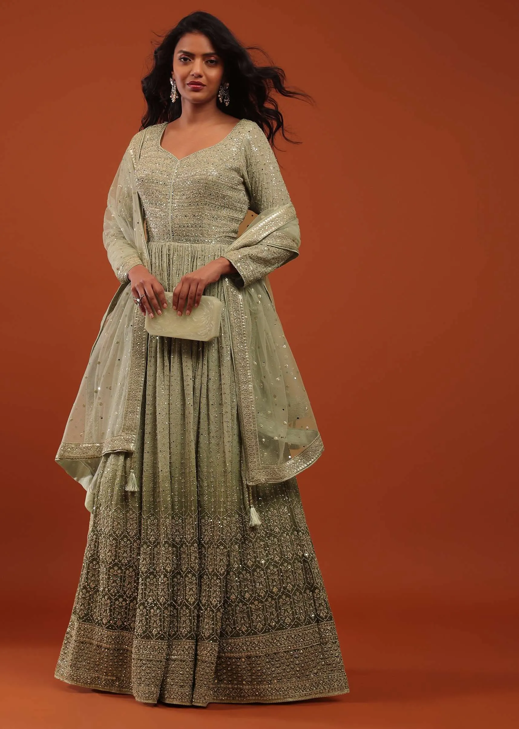 Deep Lichen Green Ombre Embroidered Anarkali Suit In Georgette