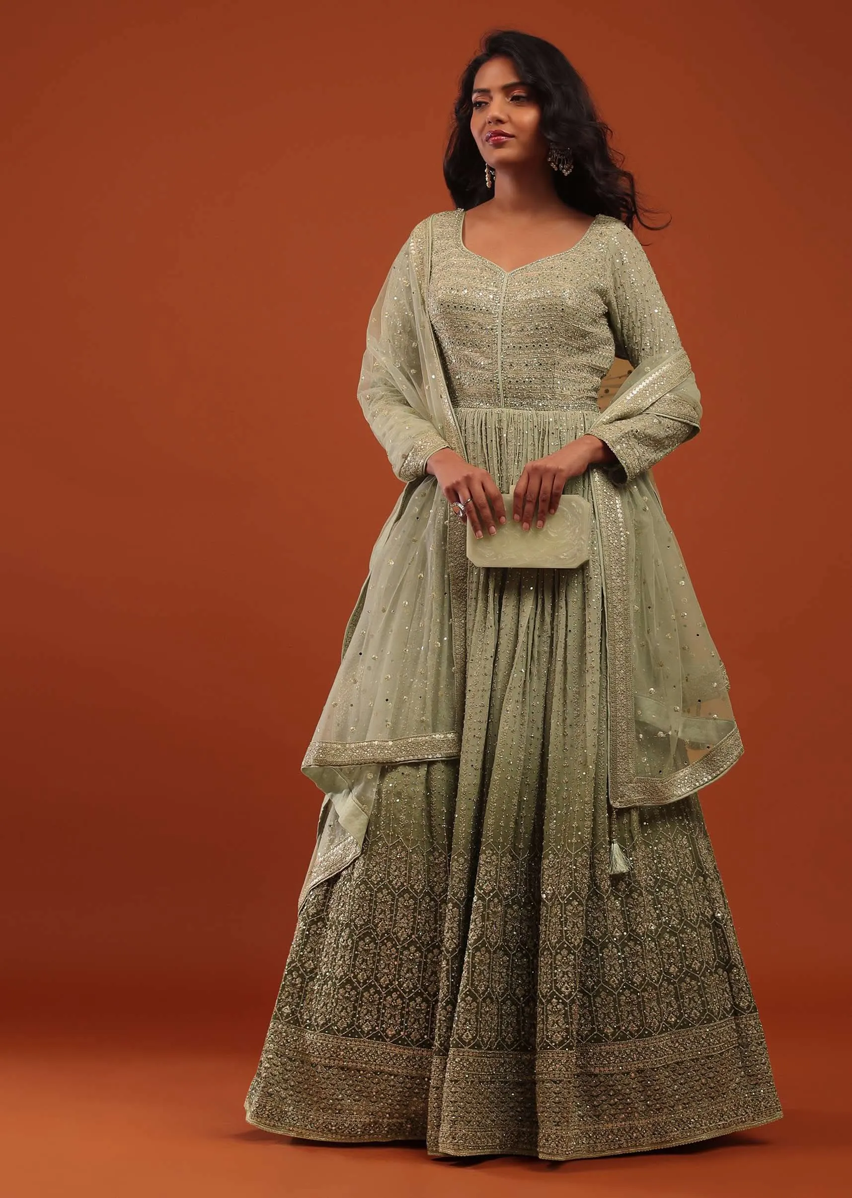 Deep Lichen Green Ombre Embroidered Anarkali Suit In Georgette