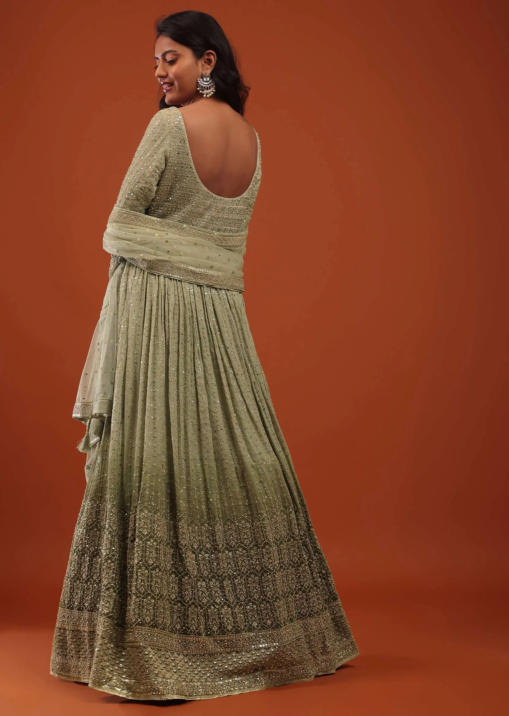 Deep Lichen Green Ombre Embroidered Anarkali Suit In Georgette