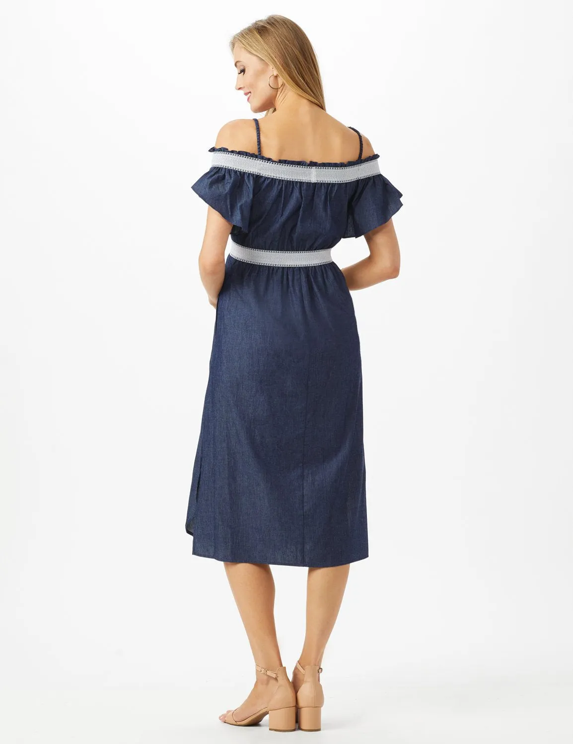 Denim Cold Shoulder Dress Smocked Waist