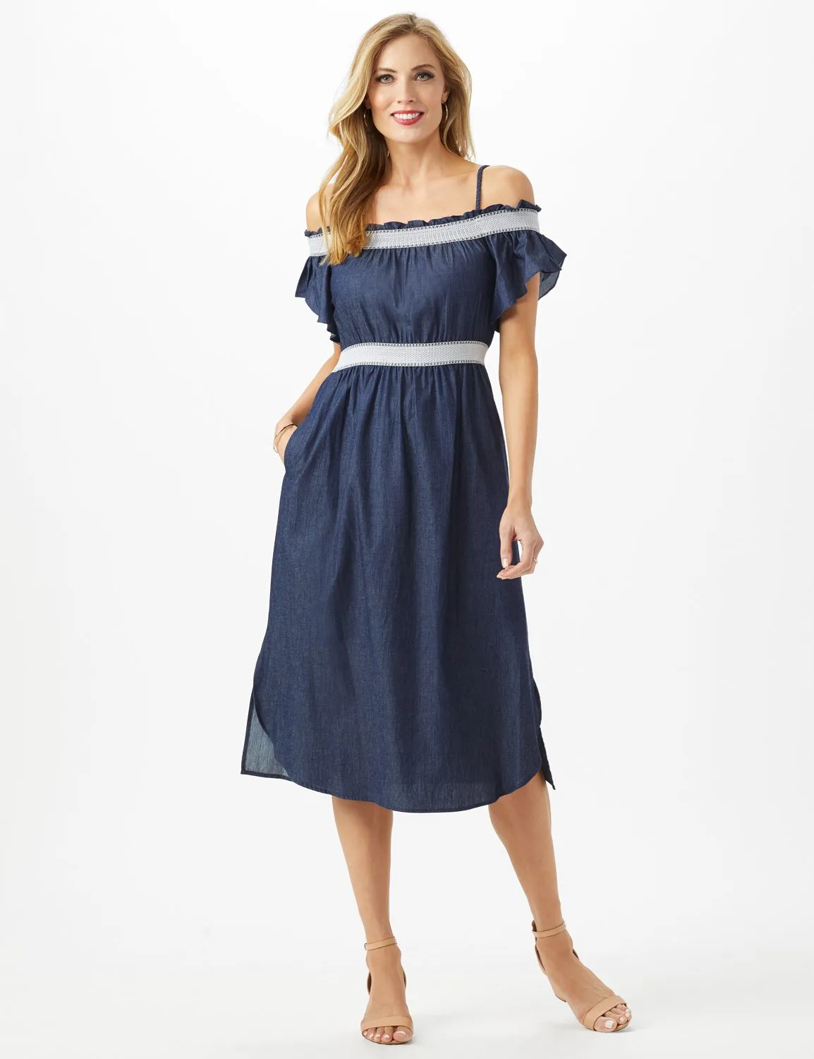 Denim Cold Shoulder Dress Smocked Waist