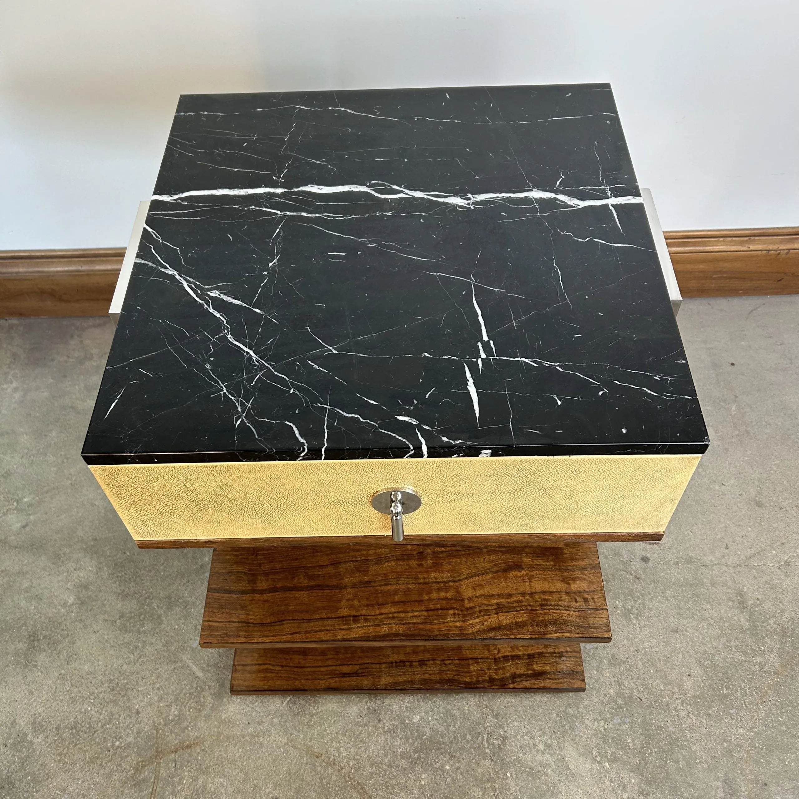 E.J. Victor Night Stand, Black Marble Top, Wood and Metal Frame, Contemporary Style, 2 Available