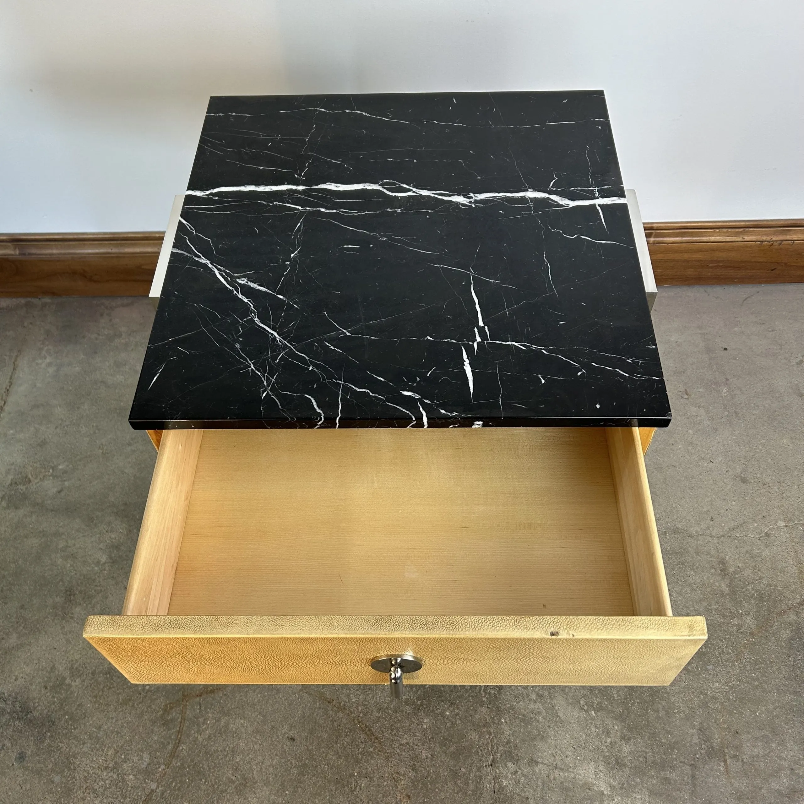E.J. Victor Night Stand, Black Marble Top, Wood and Metal Frame, Contemporary Style, 2 Available