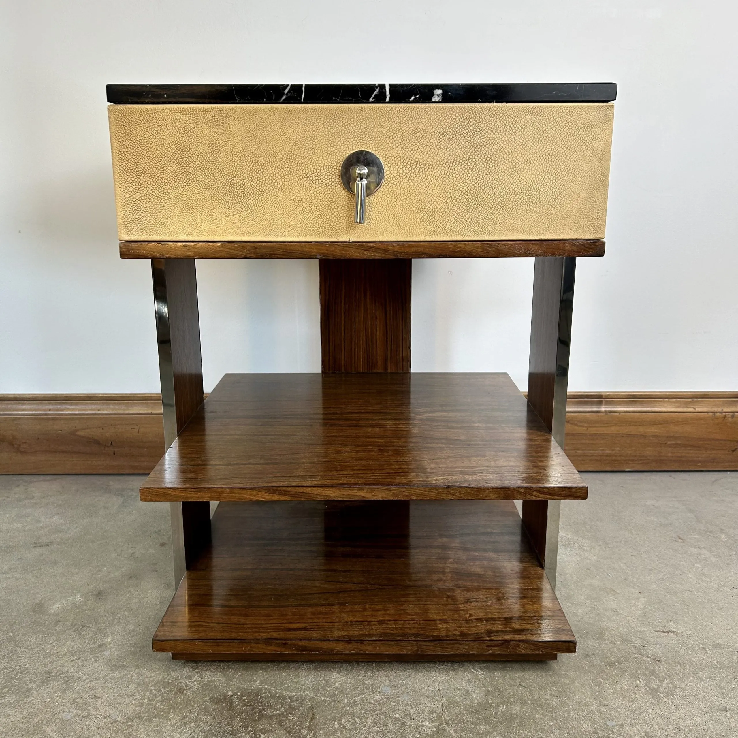 E.J. Victor Night Stand, Black Marble Top, Wood and Metal Frame, Contemporary Style, 2 Available