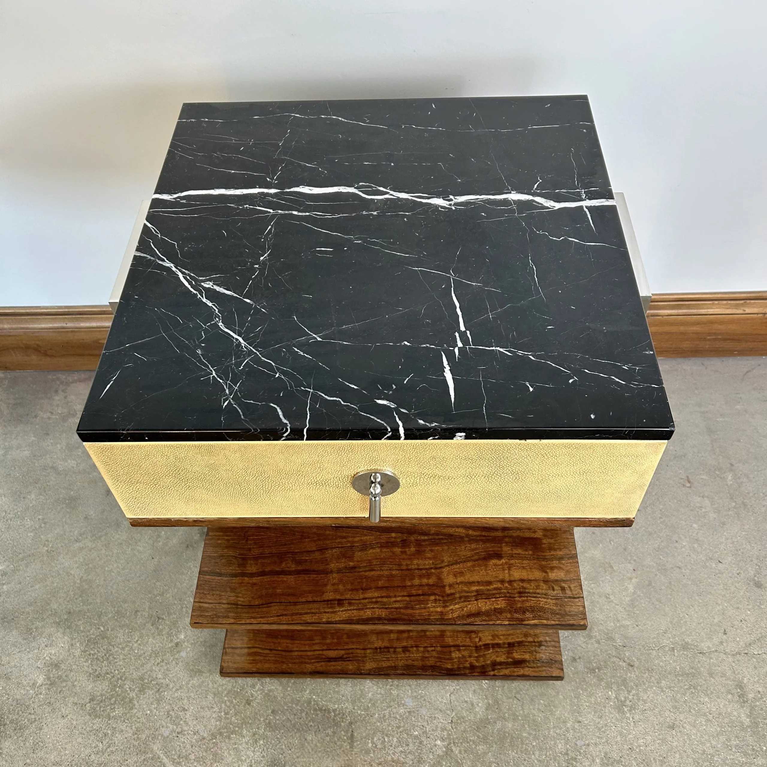 E.J. Victor Night Stand, Black Marble Top, Wood and Metal Frame, Contemporary Style, 2 Available