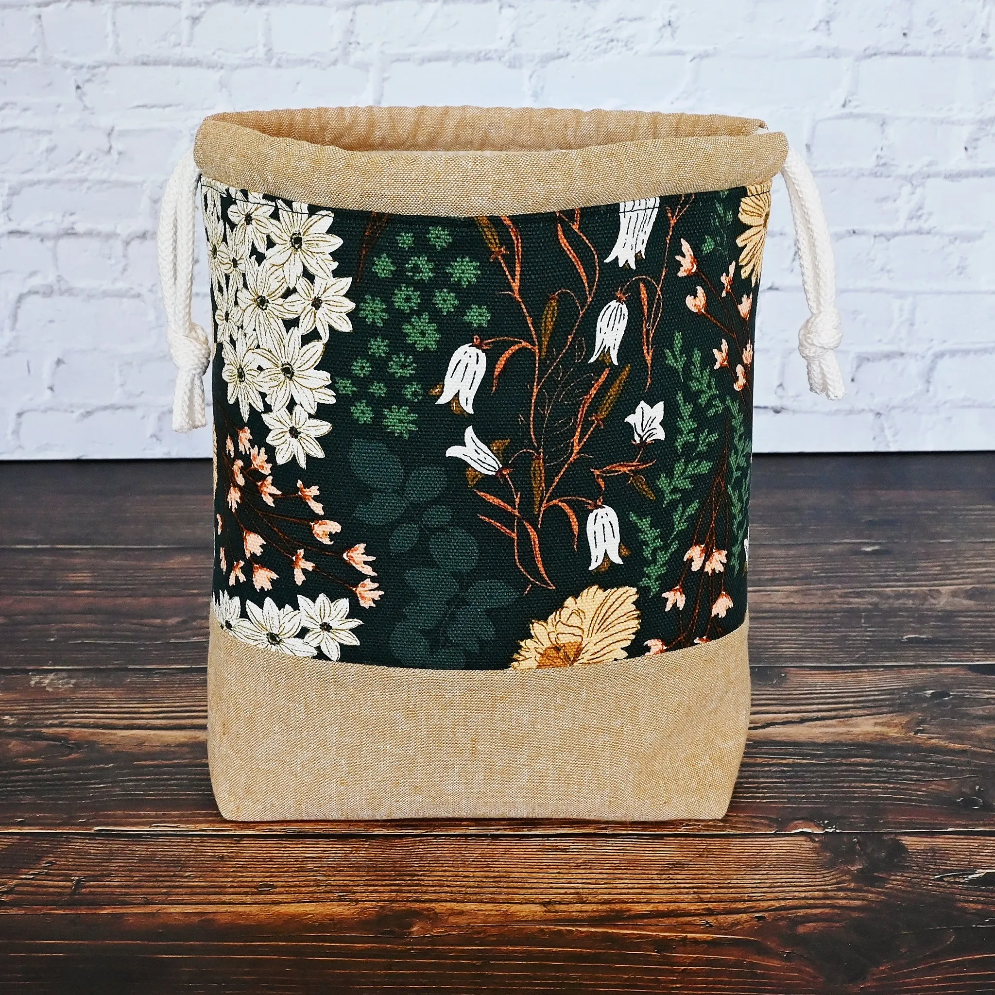 Green Floral Canvas Project Bag with Pockets