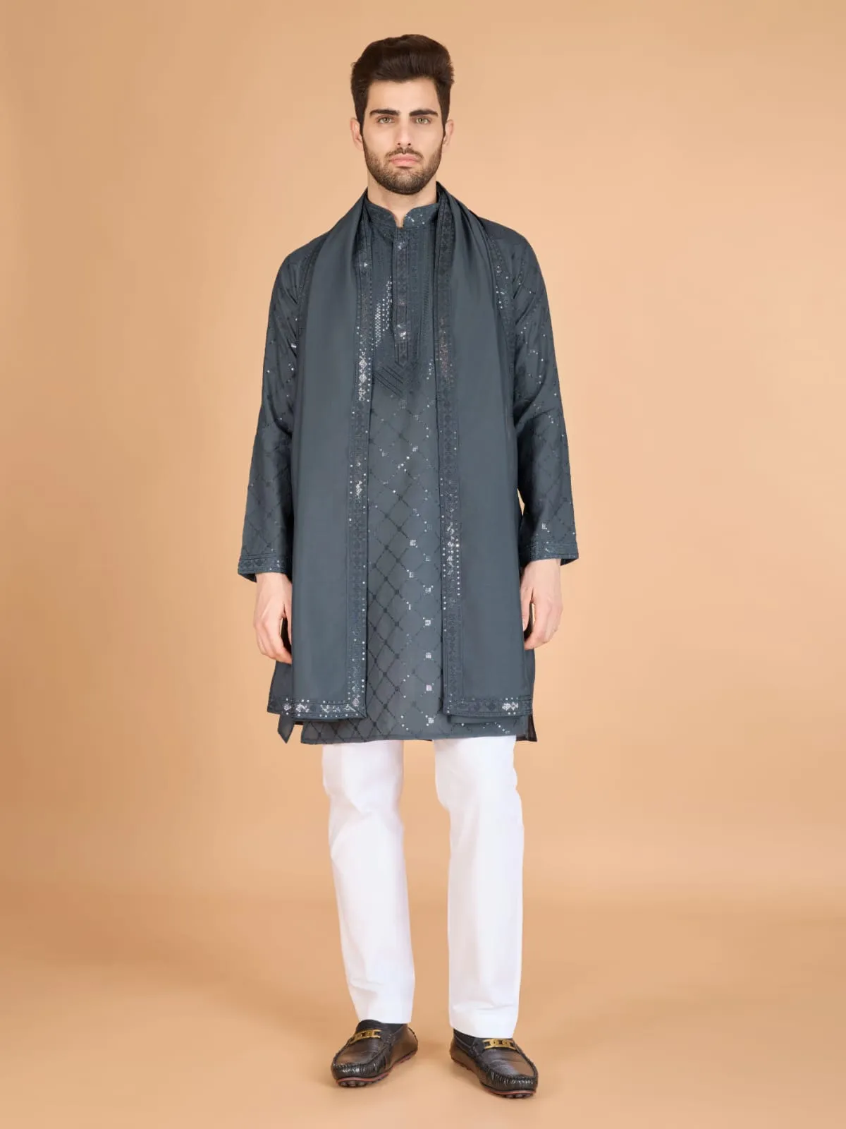 Grey Colour Viscose Silk Heavy Thread Work Kurta Payjama