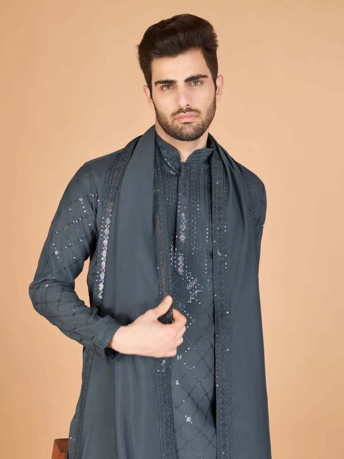 Grey Colour Viscose Silk Heavy Thread Work Kurta Payjama
