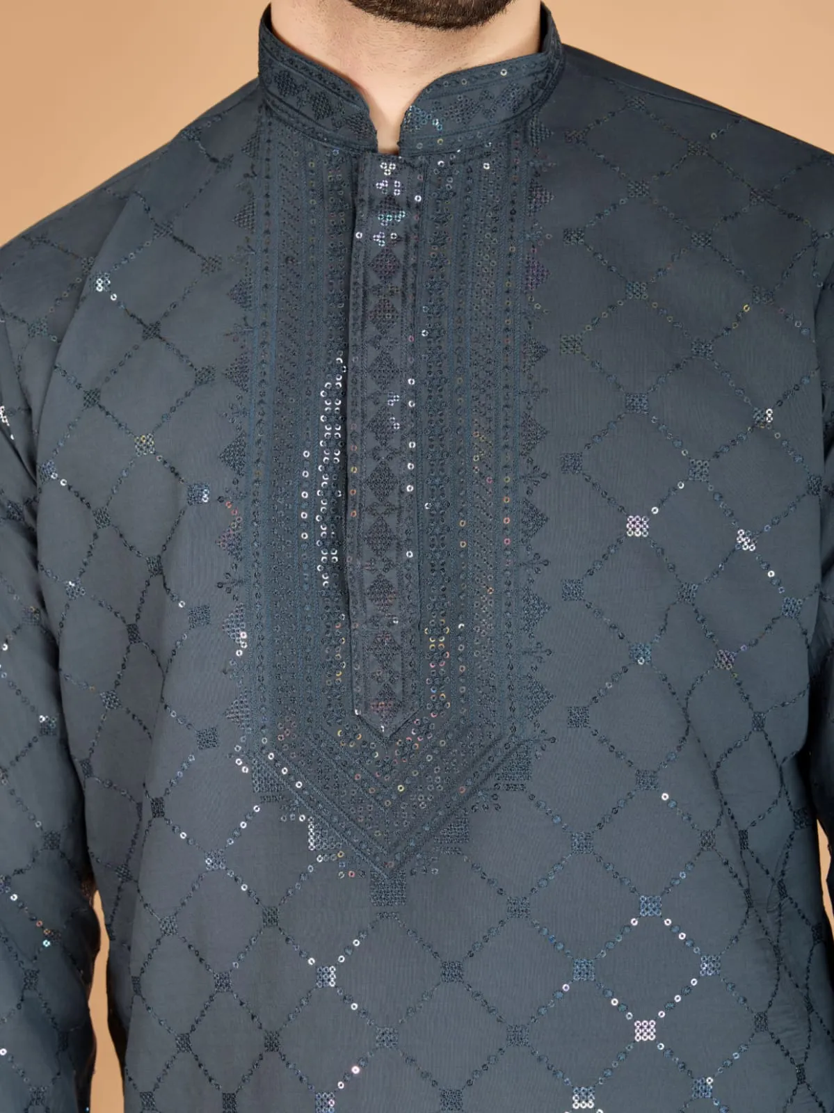 Grey Colour Viscose Silk Heavy Thread Work Kurta Payjama