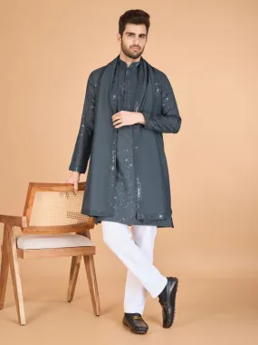 Grey Colour Viscose Silk Heavy Thread Work Kurta Payjama