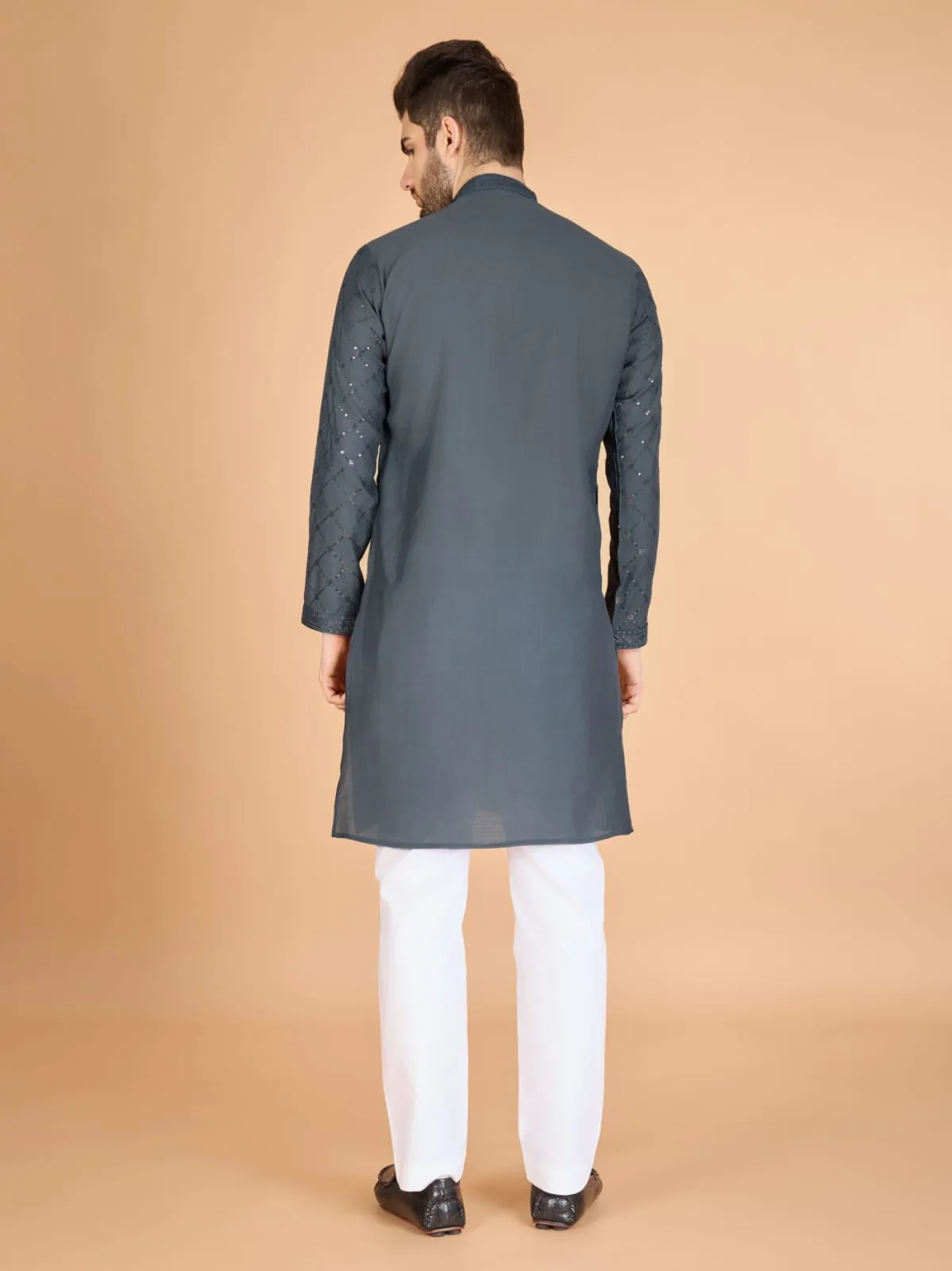 Grey Colour Viscose Silk Heavy Thread Work Kurta Payjama