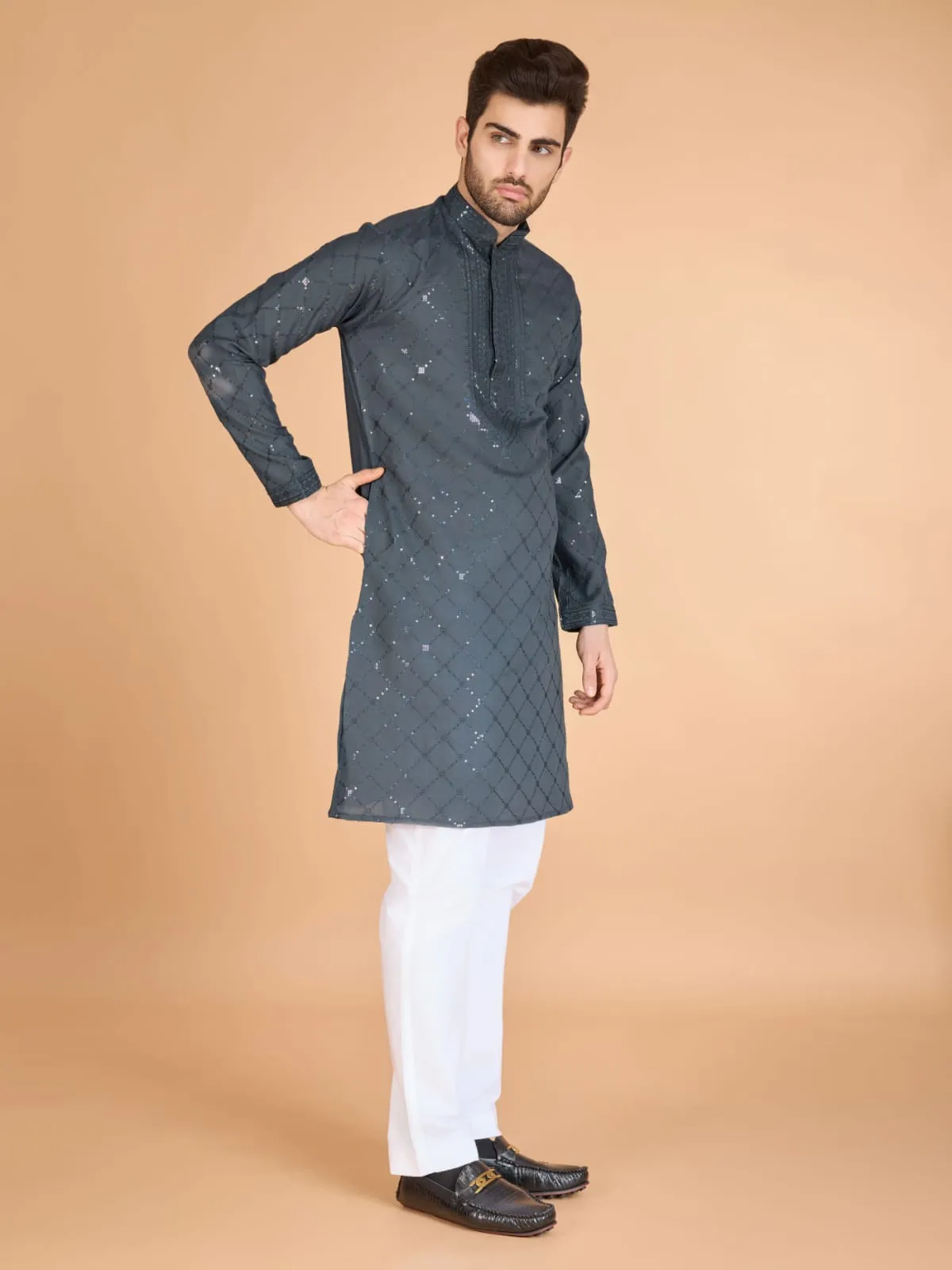 Grey Colour Viscose Silk Heavy Thread Work Kurta Payjama