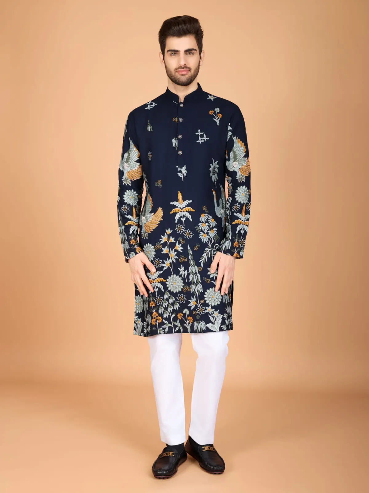 Navy Colour Soft Viscose Reyon Silk Heritage Style With Heavy Thread Work With Sequines Work Kurta Payjama