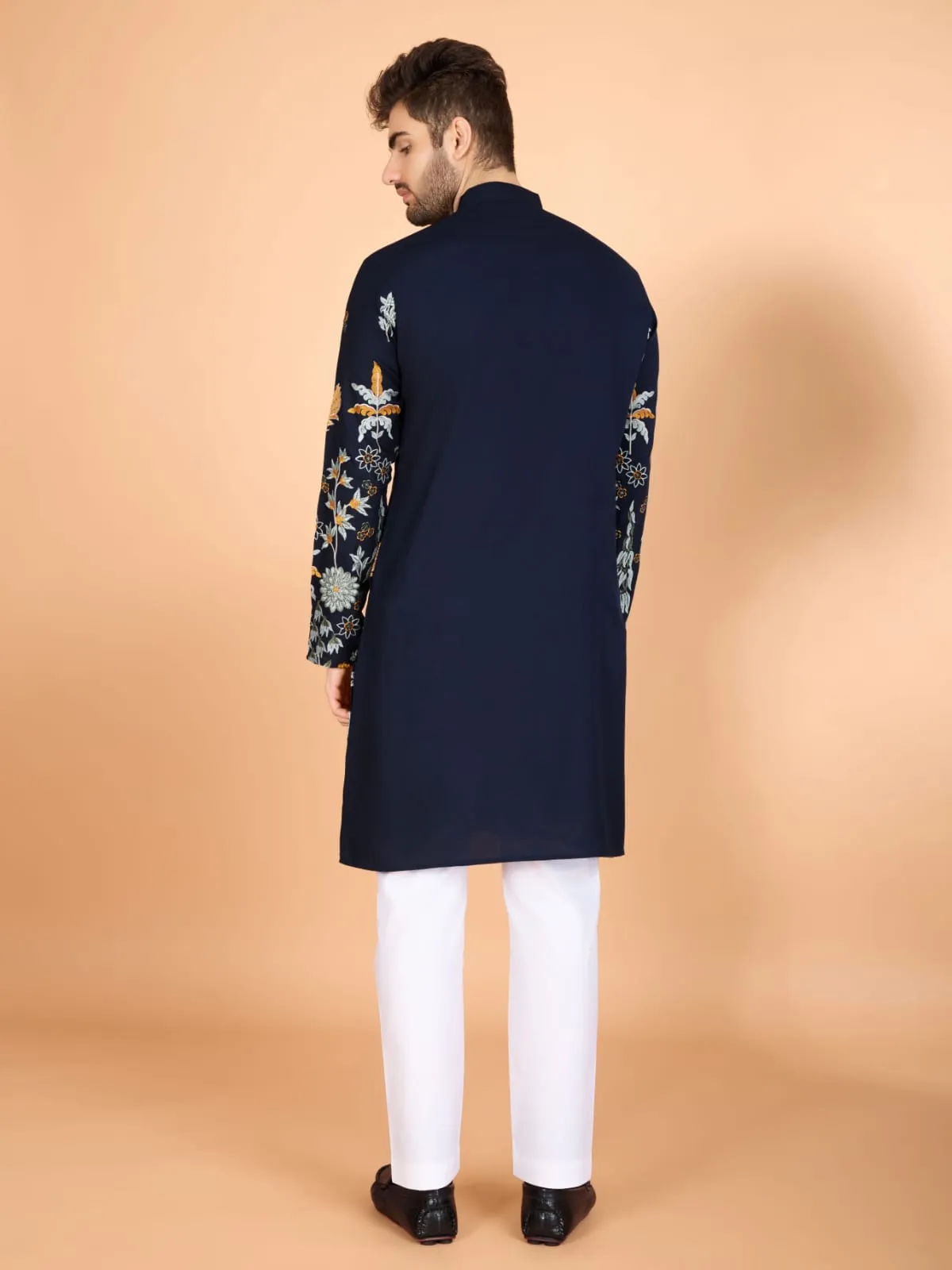 Navy Colour Soft Viscose Reyon Silk Heritage Style With Heavy Thread Work With Sequines Work Kurta Payjama