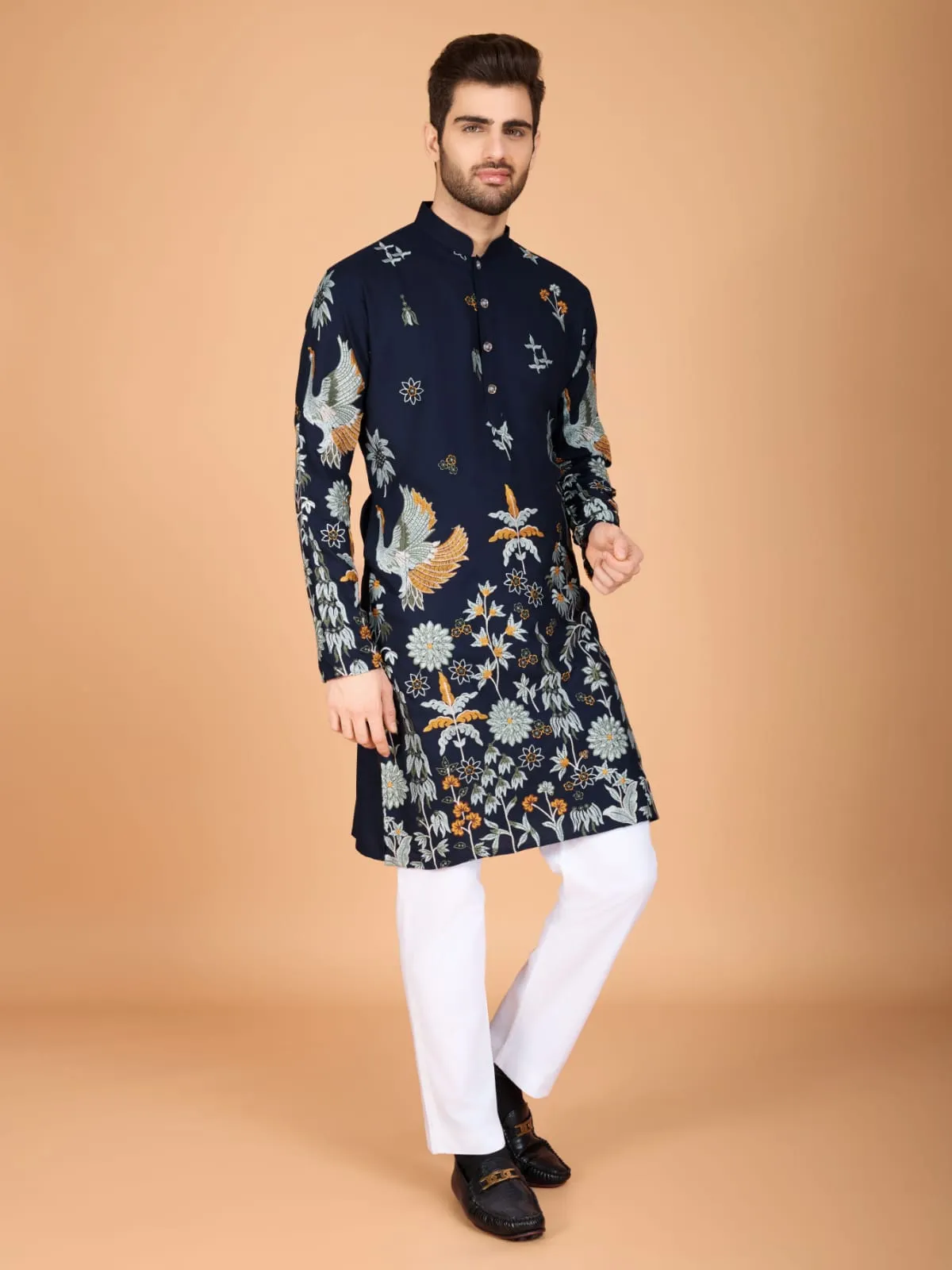 Navy Colour Soft Viscose Reyon Silk Heritage Style With Heavy Thread Work With Sequines Work Kurta Payjama