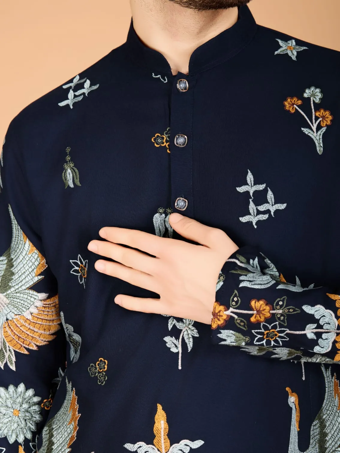 Navy Colour Soft Viscose Reyon Silk Heritage Style With Heavy Thread Work With Sequines Work Kurta Payjama