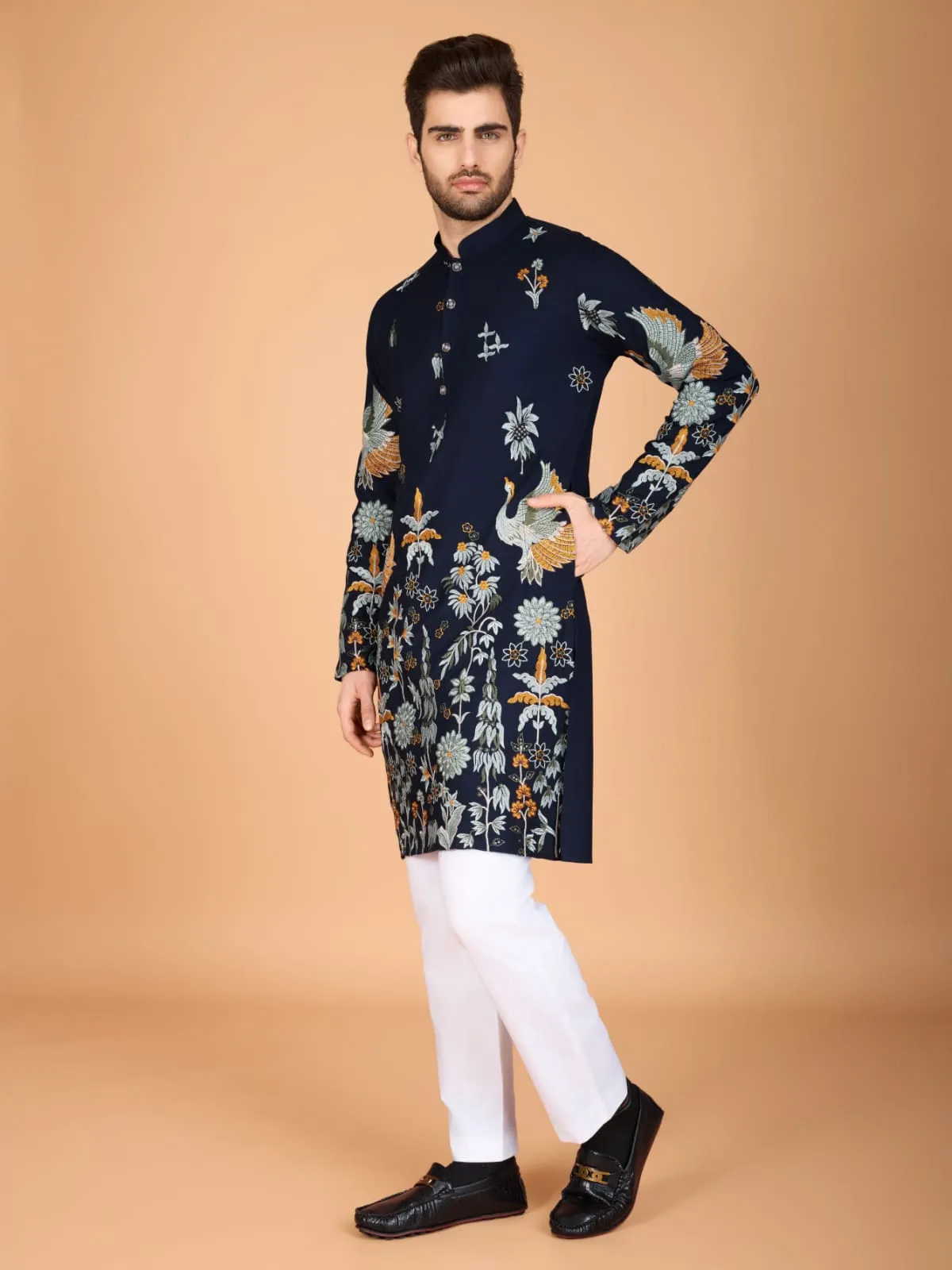 Navy Colour Soft Viscose Reyon Silk Heritage Style With Heavy Thread Work With Sequines Work Kurta Payjama
