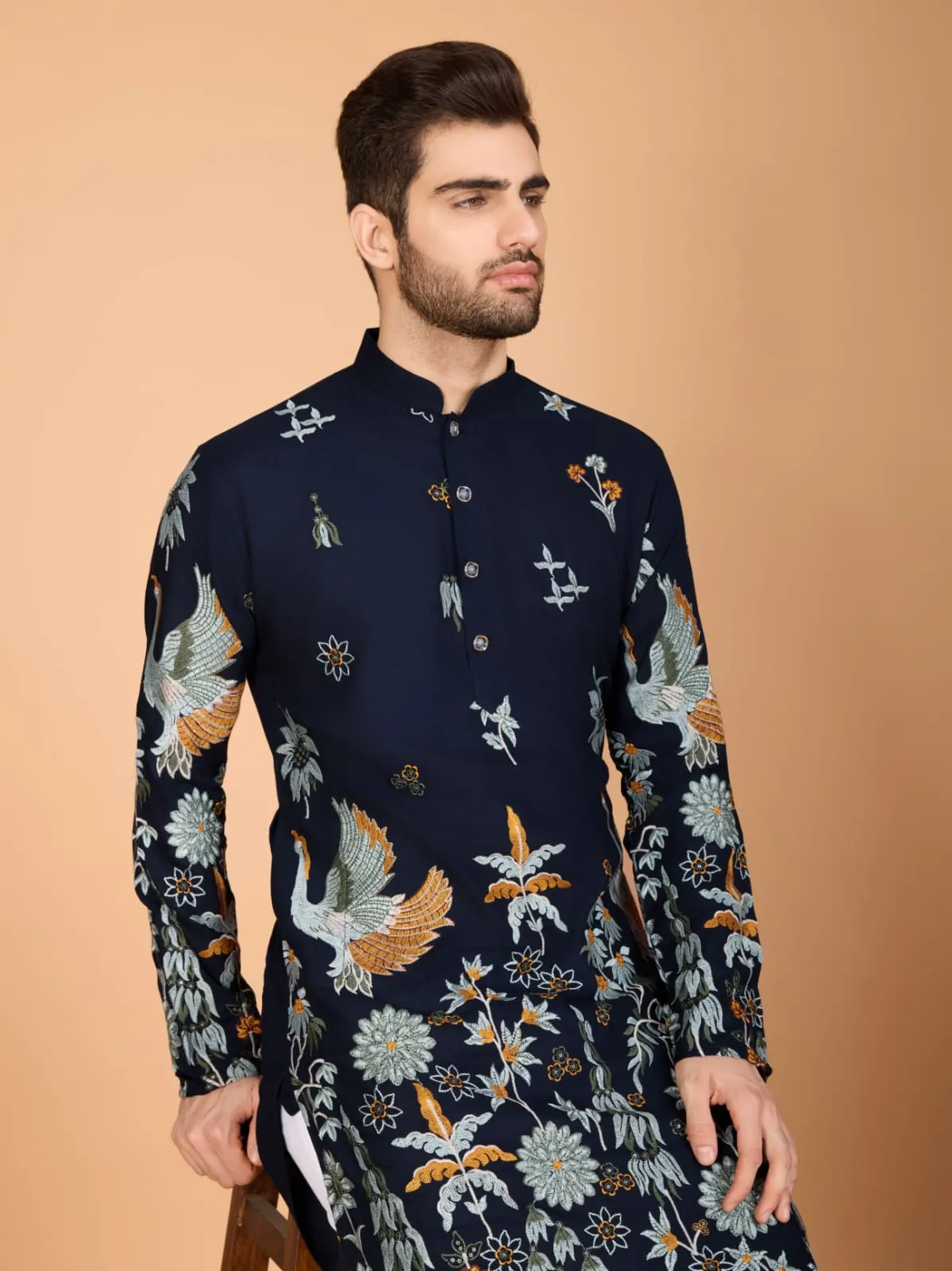 Navy Colour Soft Viscose Reyon Silk Heritage Style With Heavy Thread Work With Sequines Work Kurta Payjama
