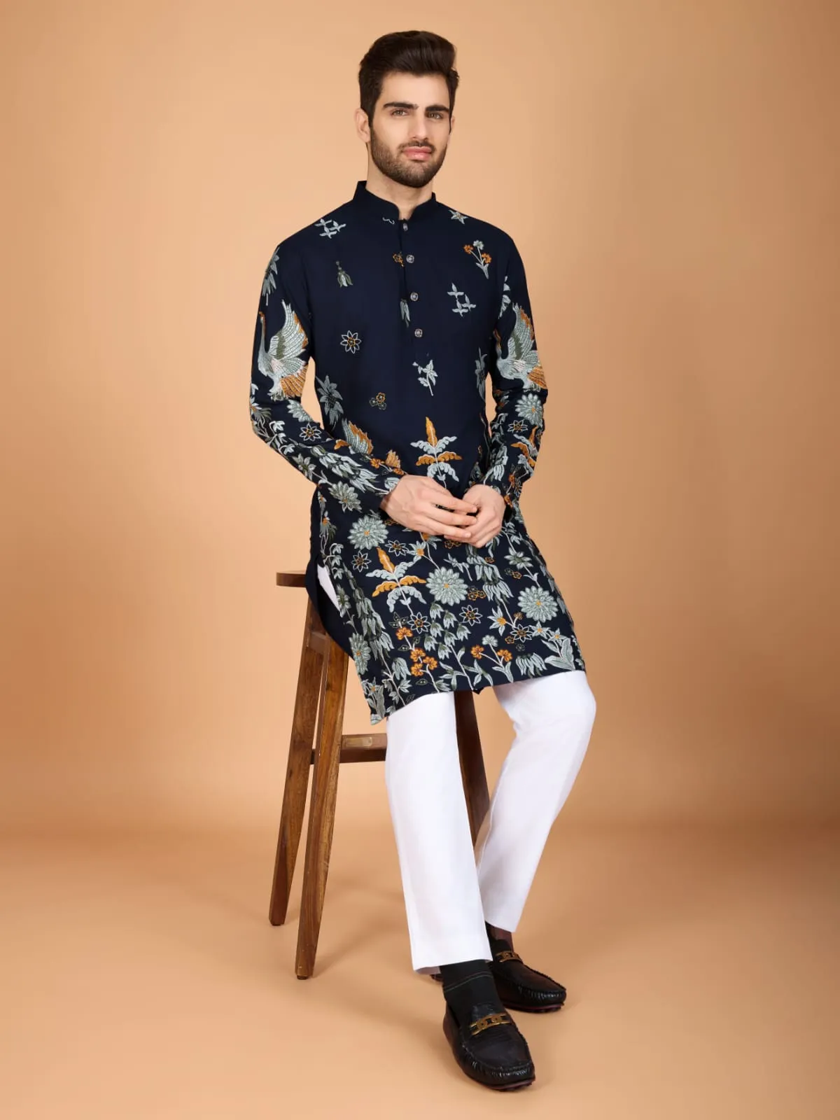 Navy Colour Soft Viscose Reyon Silk Heritage Style With Heavy Thread Work With Sequines Work Kurta Payjama