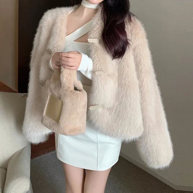 Plush Fleece Coat Long Sleeve Top Faux Fox Fur