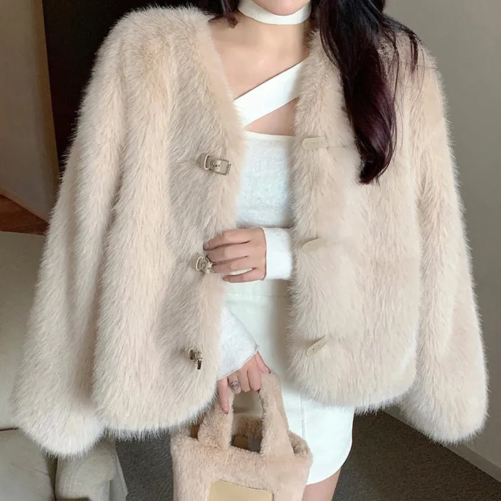 Plush Fleece Coat Long Sleeve Top Faux Fox Fur