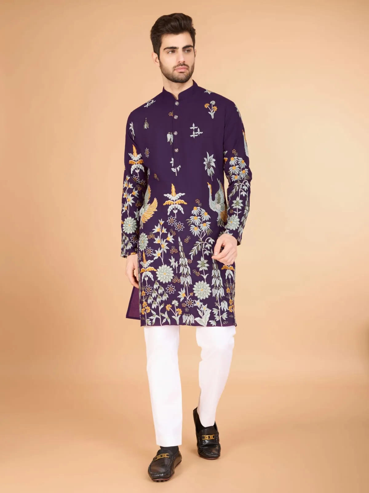 Purple Colour Soft Viscose Reyon Silk Heritage Style With Heavy Thread Work With Sequines Work Kurta Payjama