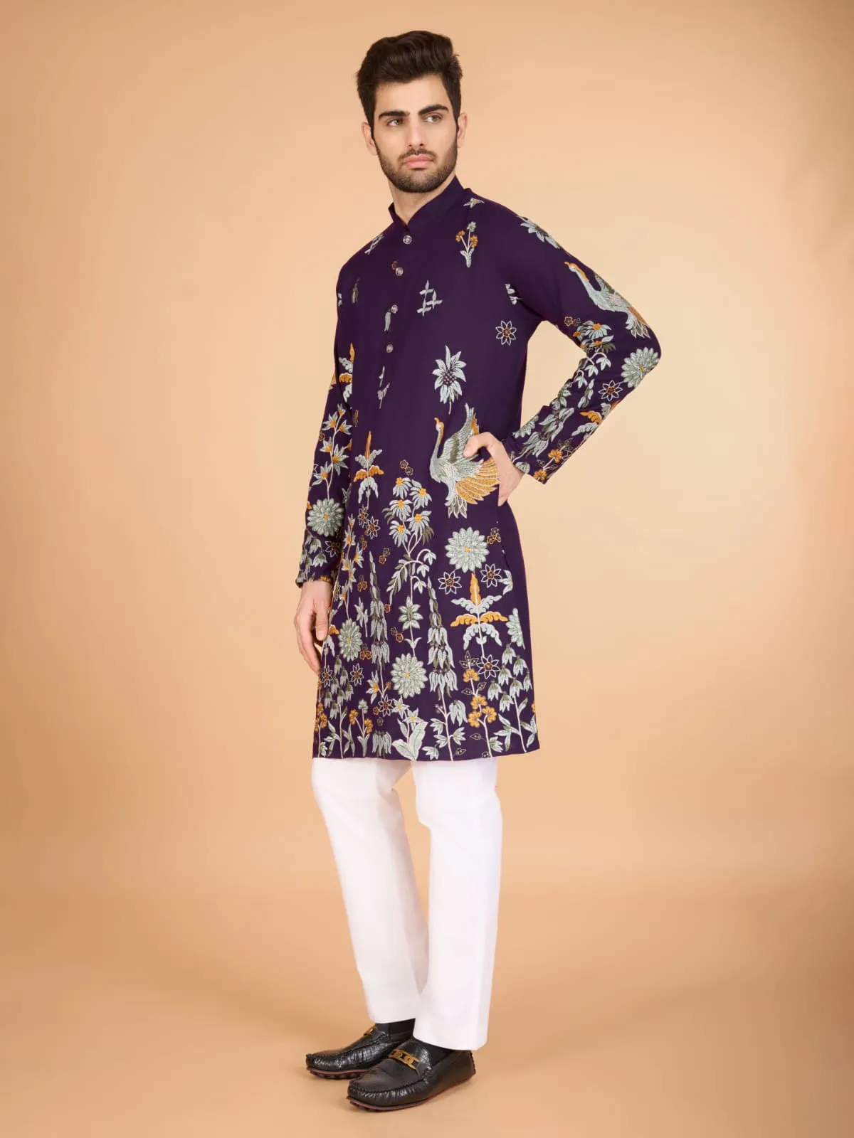 Purple Colour Soft Viscose Reyon Silk Heritage Style With Heavy Thread Work With Sequines Work Kurta Payjama