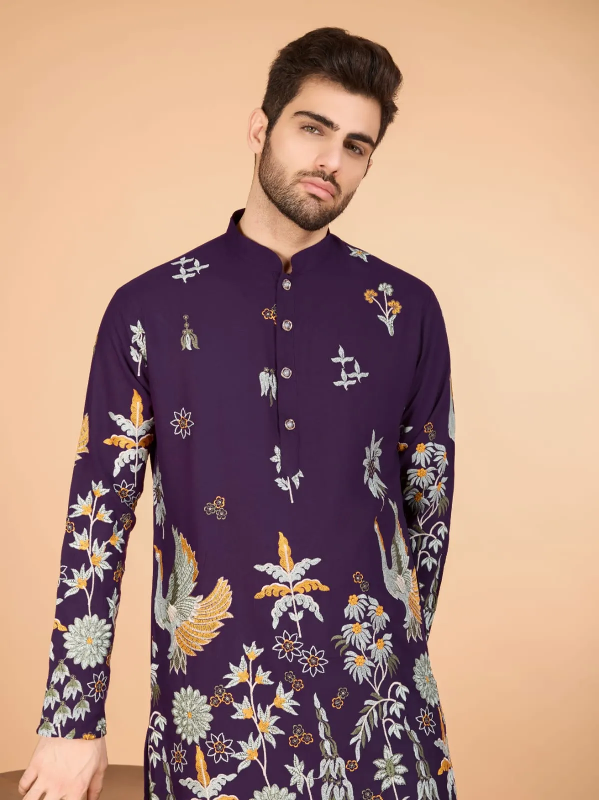 Purple Colour Soft Viscose Reyon Silk Heritage Style With Heavy Thread Work With Sequines Work Kurta Payjama
