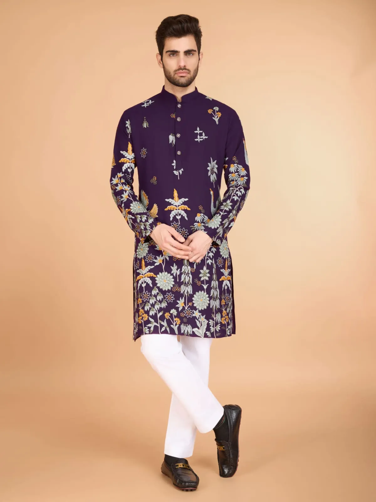 Purple Colour Soft Viscose Reyon Silk Heritage Style With Heavy Thread Work With Sequines Work Kurta Payjama